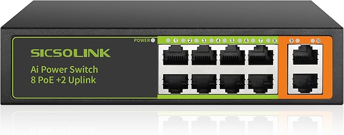 8 Ports PoE+ Ethernet Switch 2 Uplink 802.3af/at 120W Total Power 100Mbps by SICSOLINK
