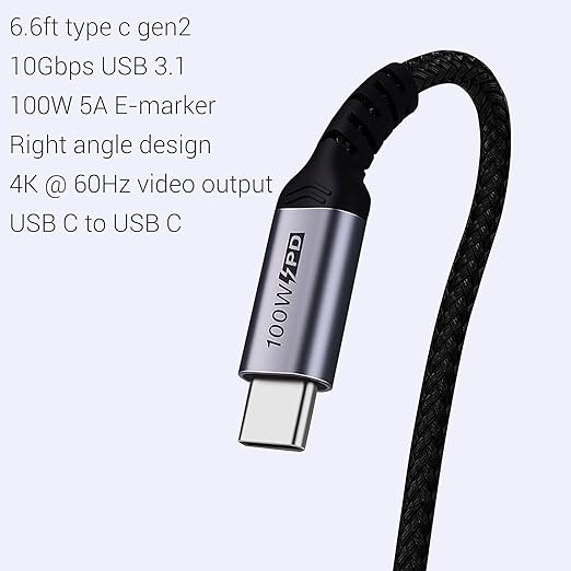 USB C to USB C Cable 100W, USB 3.1 Fast Charging Cord 90 Degree 20V/5A Type C - Image 2
