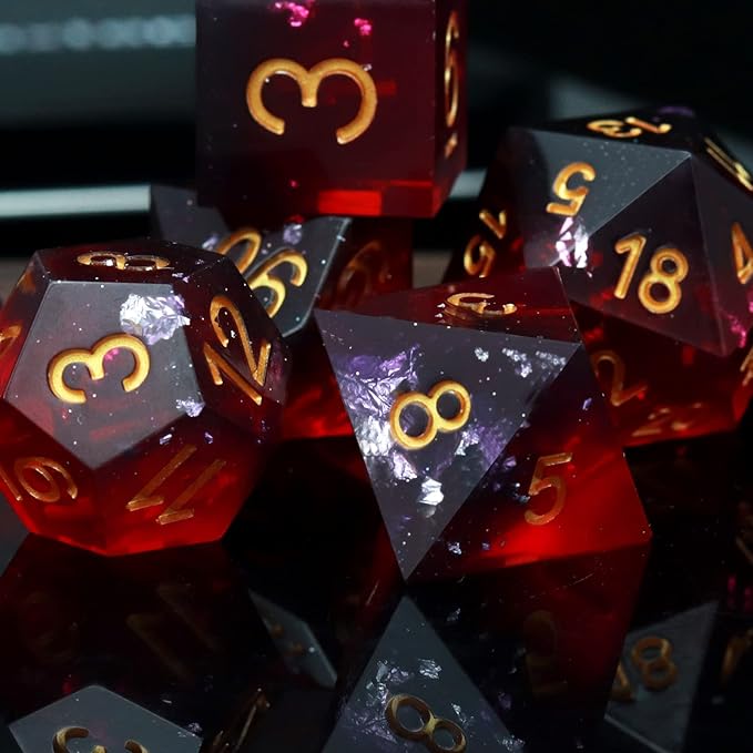 Haxtec Sharp Edge DND Dice Set Purple Red Resin Dice Silver Flakes D&D Dice - Image 4