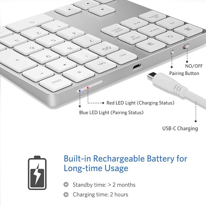 Bluetooth Number Pad, Wireless Numeric Keypad, USB-C Rechargeable External - Image 4
