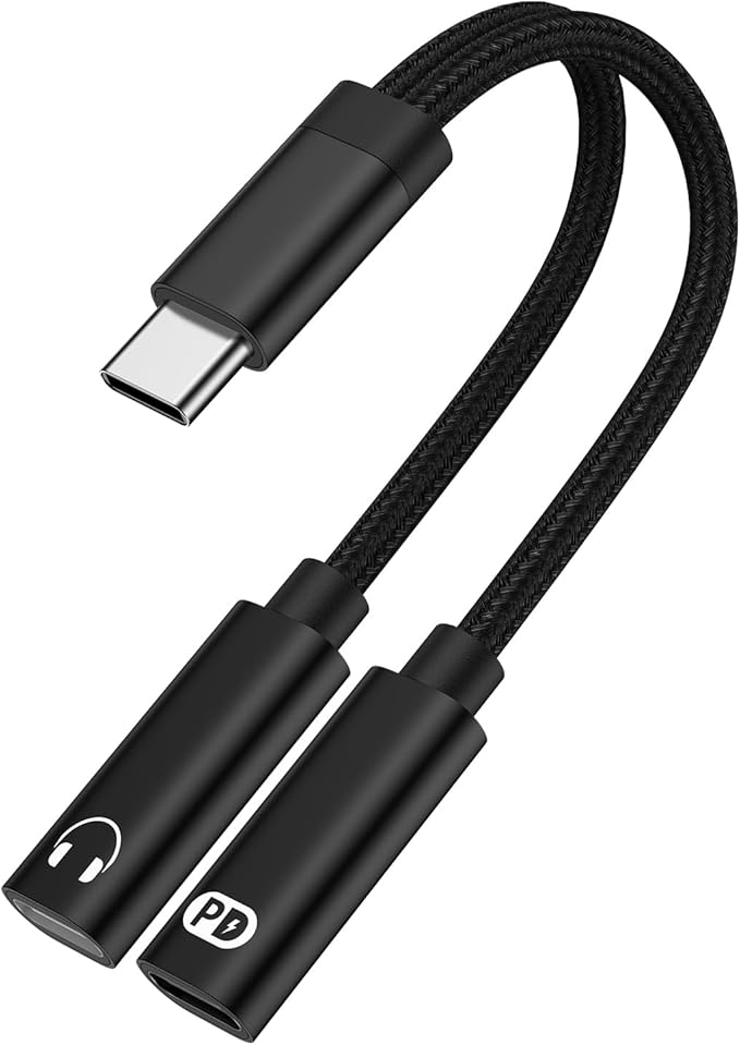 USB-C Headphone and Charger Adapter, 2in1 USB C Splitter Dongle Cable by Ououdee
