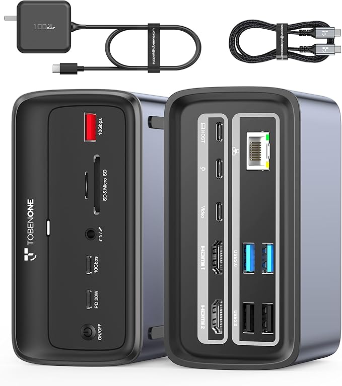 TobenONE Docking Station 3 Monitors, Triple Monitor Docking Station by TobenONE