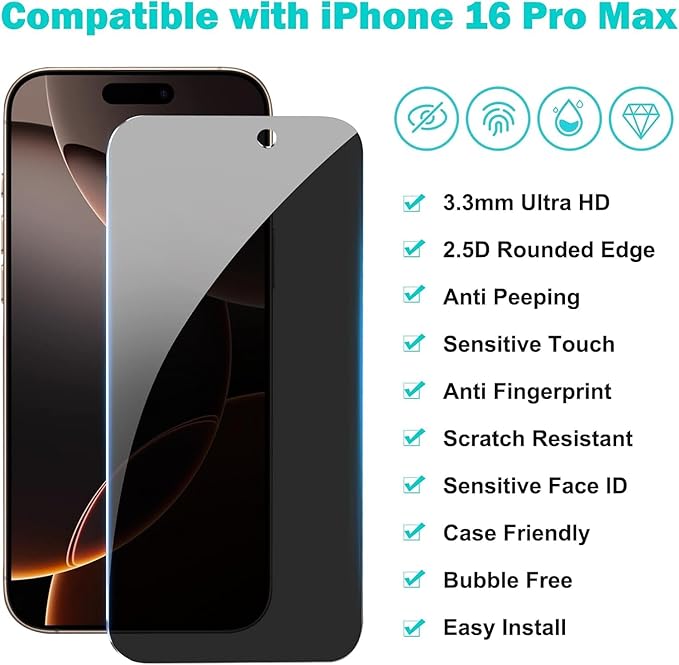 3 Pack for iPhone 16 Pro Privacy Screen Protector +2 Camera Lens 9H+Full Cover - Image 5