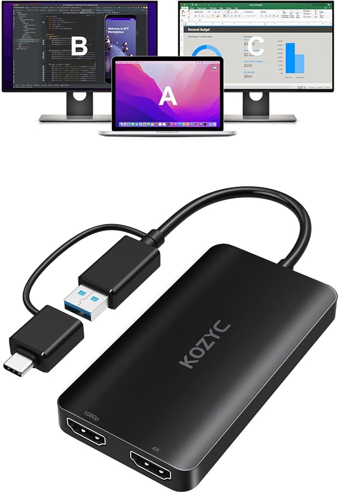 USB 3.0 to HDMI Splitter Extended Display Dual Monitors, USB 3.0-A/C to Dual by KOZYC