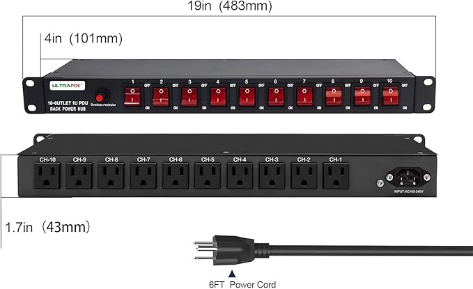 10-Outlet 1U Horizontal PDU Rack Mount Power Strip - Image 6