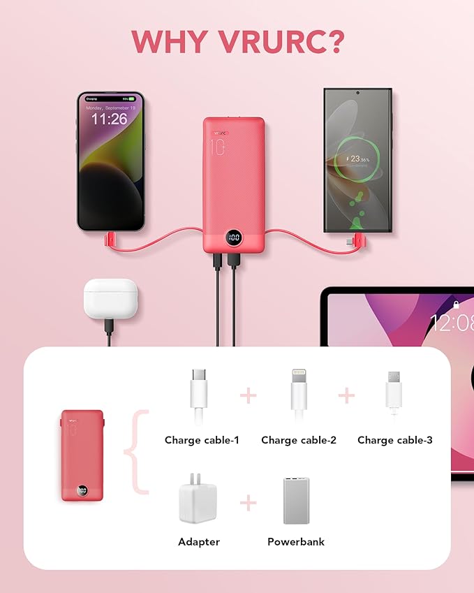 Portable Charger Built-in Cables and AC Wall Plug, VRURC USB C Power Bank - Image 4