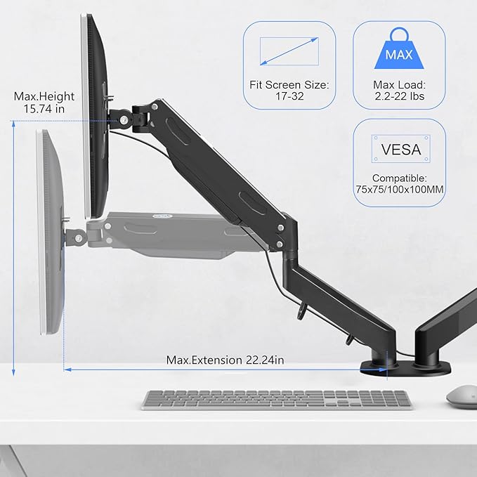 Pholiten Dual Monitor Arm 32inch, Fully Adjustable Gas Spring Monitor Desk - Image 6