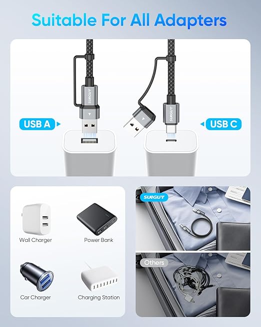 SUNGUY 4 in 1 Charging Cable 2FT, 60W Multi Charging Cable, USB-C/A to - Image 4