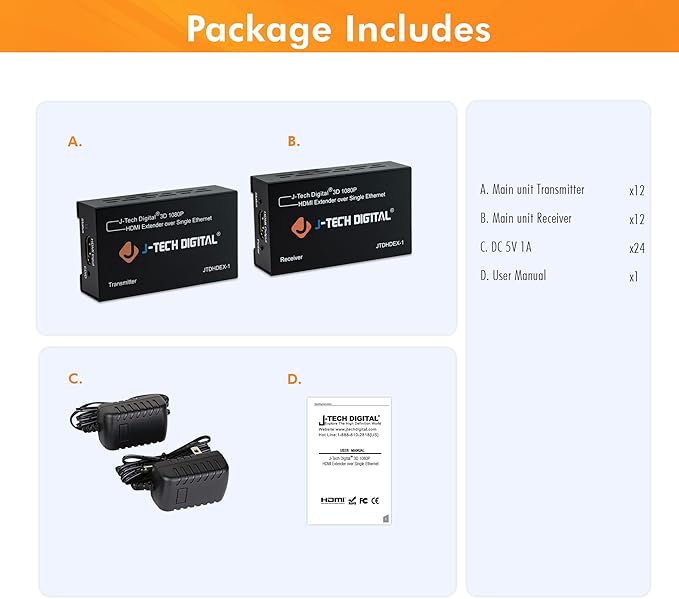 J-Tech Digital HDMI Extender 1080P 60Hz Over Single CAT 5e/6 Up to 200ft. | - Image 5