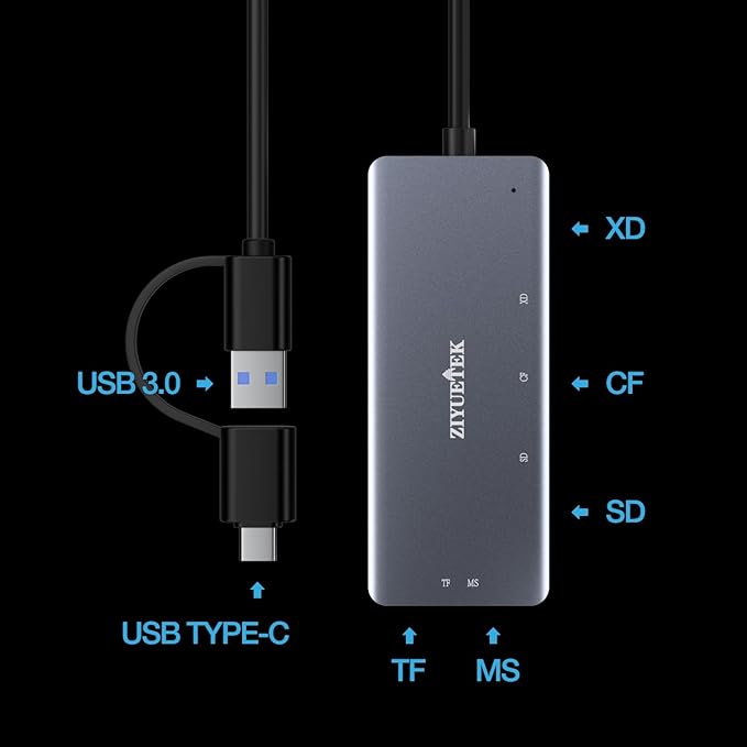 SD Card Reader, Aluminum 5in1 USB USB-C to SD Micro SD MS CF XD Card Reader - Image 7