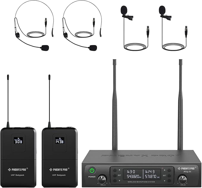 Phenyx Pro Dual UHF Wireless Microphone System，Auto-Scan Cordless Mic Set w/ by PhenyxPro