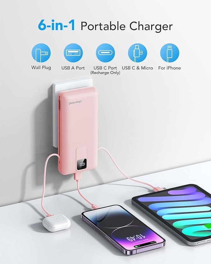 Charmast Portable Charger with Built-in Cables and Wall Plug, 20000mAh 20W USB - Image 2