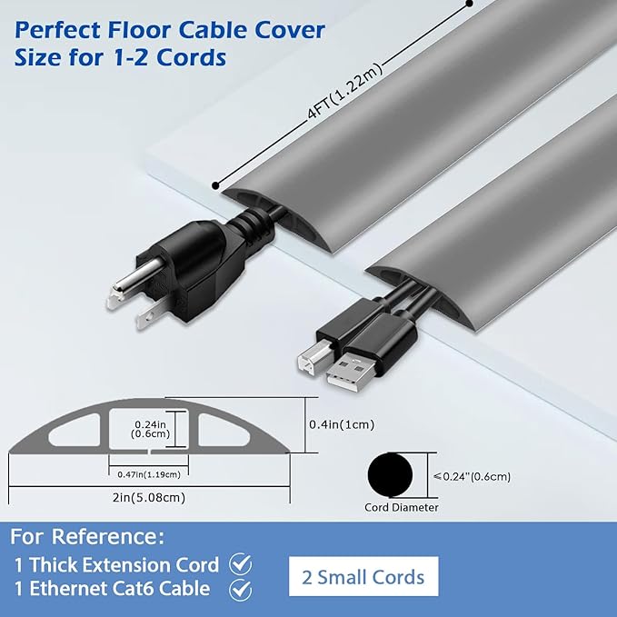 4ft Floor Cord Cover, Cord Hider Floor Gray, Extension Cable Cover Power Cord - Image 2