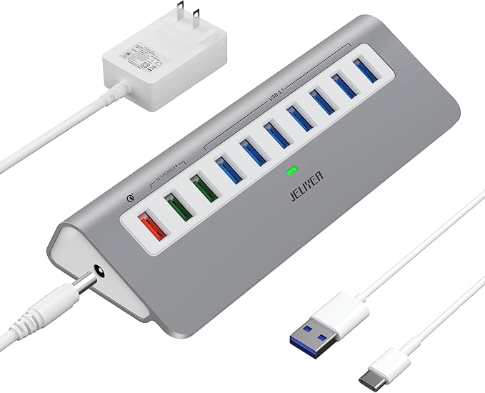 Powered USB Hub 10Gbps, 10 Ports USB 3.1 Gen 2 Hub Power Multiport USB Splitter by Jeliyea