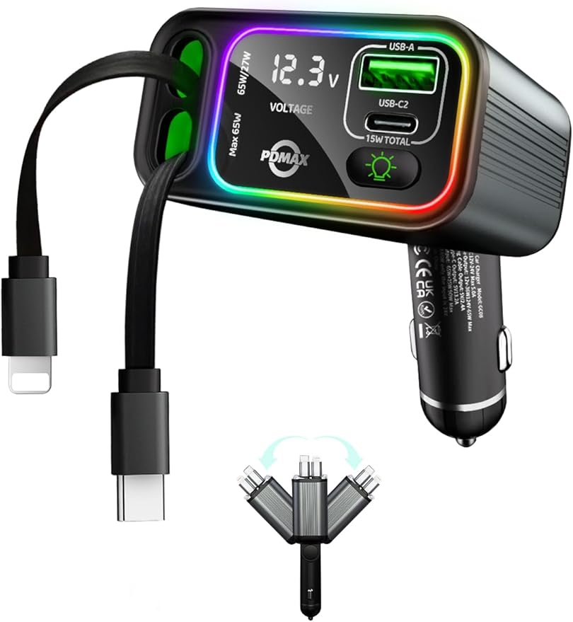 Retractable Car Charger USB C, 107W Type C Car Charger Fast Charging by PowerDeliveryMaximum