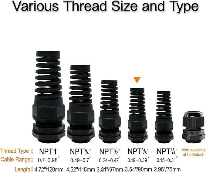 LeMotech 10Pcs NPT 3/8" IP68 Waterproof Cable Gland Flex Spiral Strain Relief - Image 6