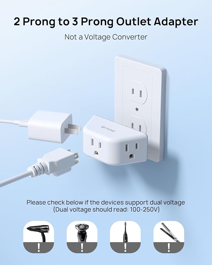 TROND 2 Prong to 3 Prong Outlet Adapter, 3-Way Angled Plug Extender - Image 7