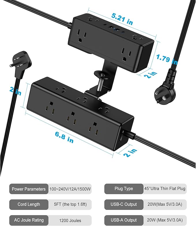Dual Layer Desk Clamp Power Strip, Desktop Edge Mount Surge Protector - Image 7
