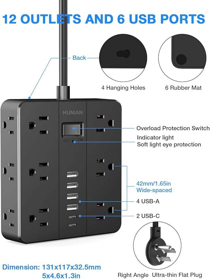 Flat Plug Power Strip Surge Protector, HUNIAN 5 Ft Extension Cord - Image 7