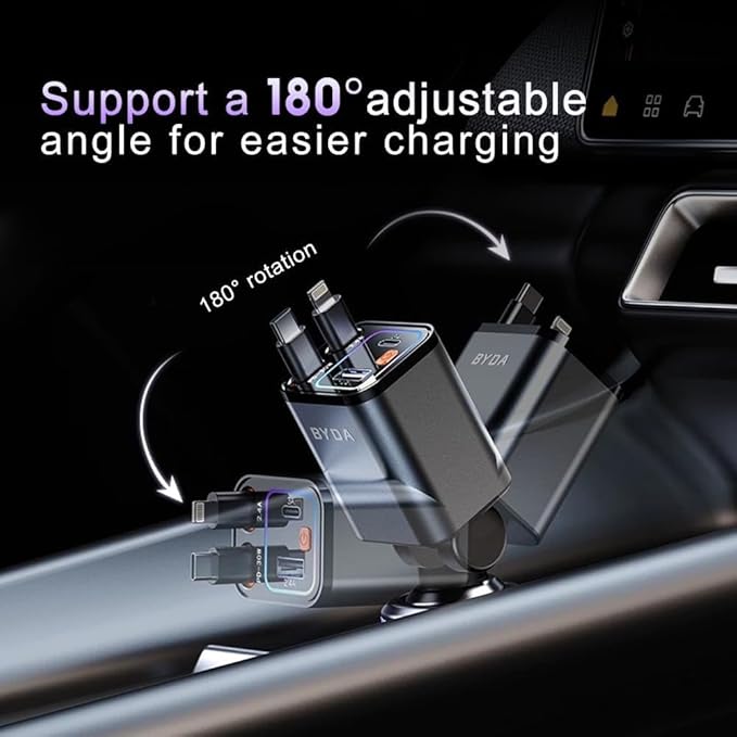 Retractable Car Charger, 4 in 1 Fast Charging USB-C & USB-A Compatible - Image 6