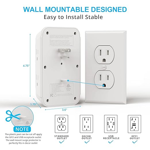 USB Wall Charger, Surge Protector, 6 Outlet Extender - Image 4