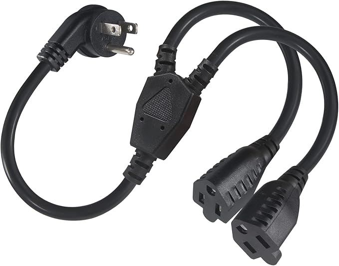 Power Extension Cord Y Splitter - 1FT Right Angled Type Flat Plug NEMA 5-15P 1 by KUNCAN