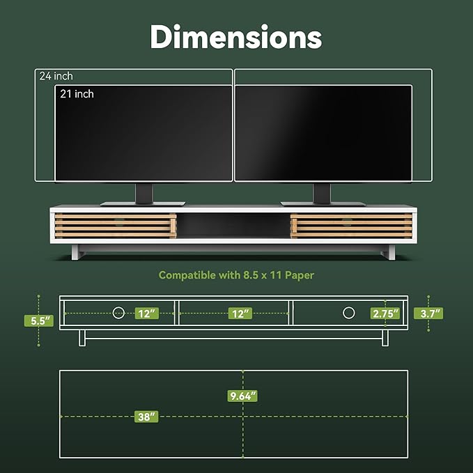 Dual Monitor Stand Riser with Sliding Door, Double Computer Laptop Stand Desk - Image 5