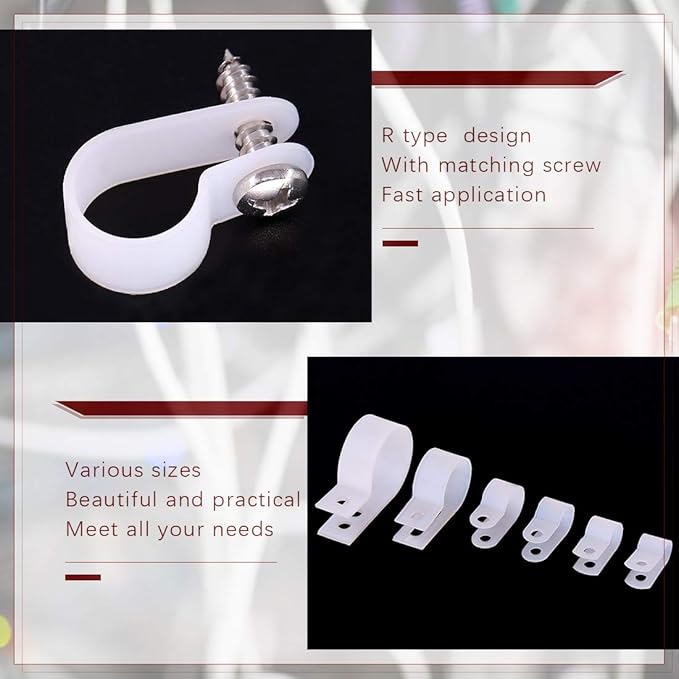 Hilitchi 135 Pcs 6 Sizes White Plastic Cable Clamp R Type Screw Mounting Cord - Image 4
