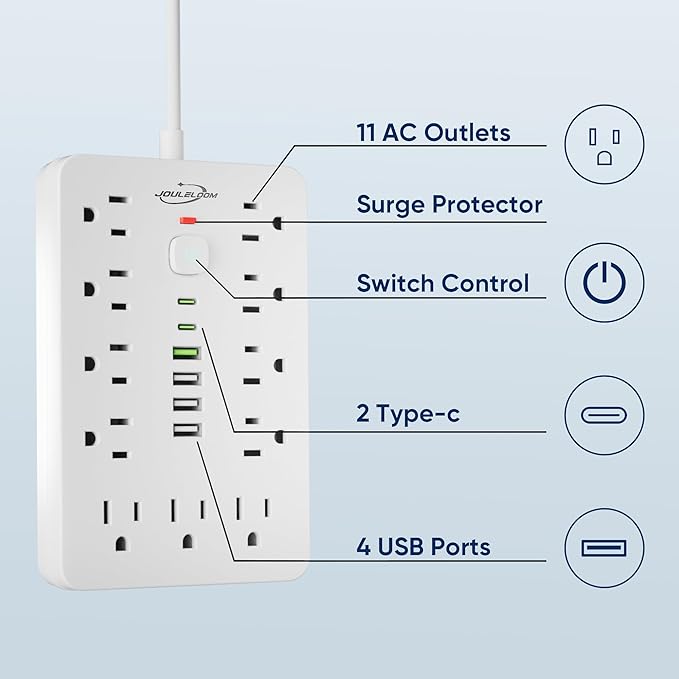 10 FT Flat Plug Surge Protector Power Strip, 11 Multiple AC Outlets - Image 5