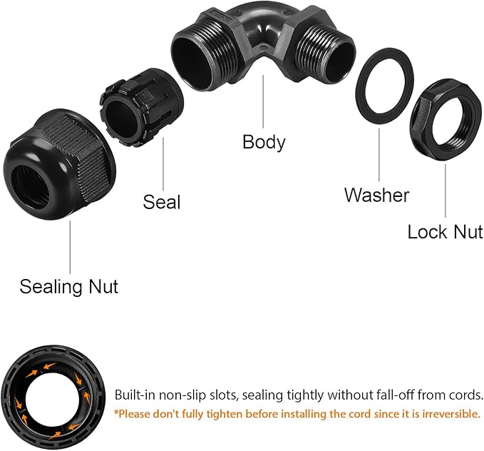 LeMotech M20 Cable Gland, 90 Degree Adjustable 9-14mm Strain Relief, Cord - Image 4