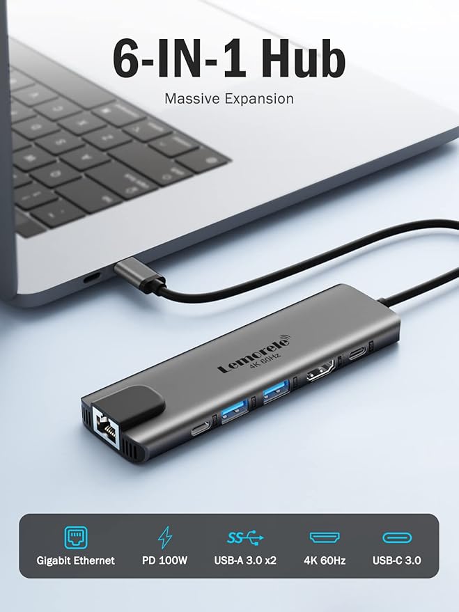 Lemorele USB-C Hub 6-in-1 with 4K@60Hz HDMI, Gigabit Ethernet, 100W Power - Image 2