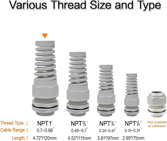 LeMotech 5Pcs NPT 1" IP68 Waterproof Cable Gland Flex Spiral Strain Relief Grey - Image 6
