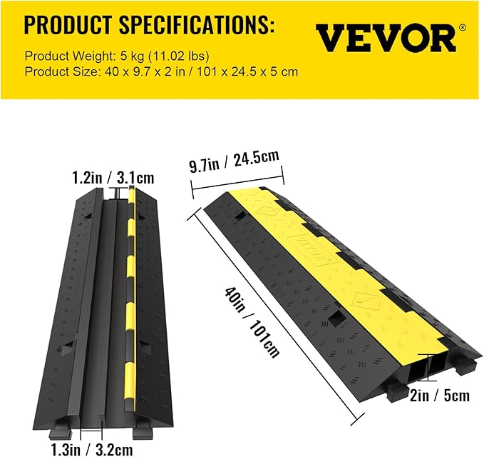 VEVOR Cable Protector Ramp, 4 Packs 2 Channels Rubber Modular Speed Bumps Rated - Image 7