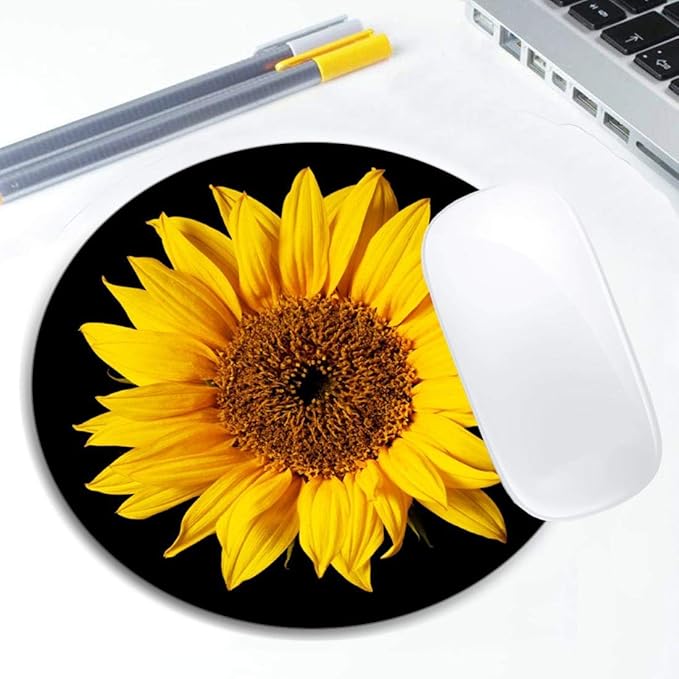 Sunflower On Black Sun Flower Mouse Pad Round Non-Slip Rubber Mousepad Laptop - Image 5