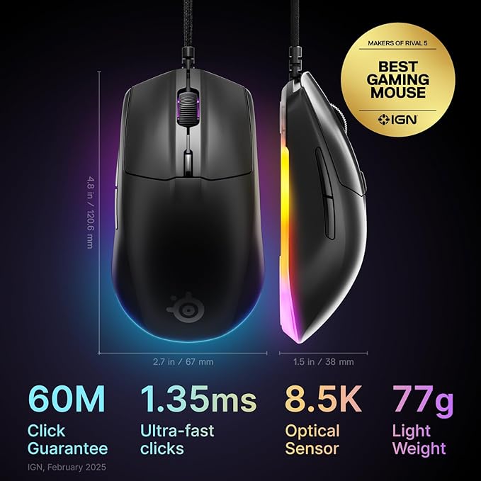 SteelSeries Rival 3 Gen 2 Gaming Mouse — 8500 DPI TrueMove Core Optical Sensor - Image 2