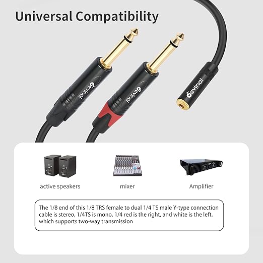 Devinal 3.5mm to Dual 1/4 Y Splitter Cable, 1/8" Female TRS to Dual 6.35mm TS - Image 3