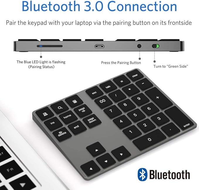 Bluetooth Number Pad, Aluminum Rechargeable Numeric Keypad Wireless 34-Keys - Image 3