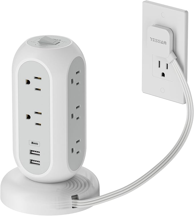 Surge Protector Power Strip Tower, TESSAN 5 FT Retractable Extension Cord by TESSAN