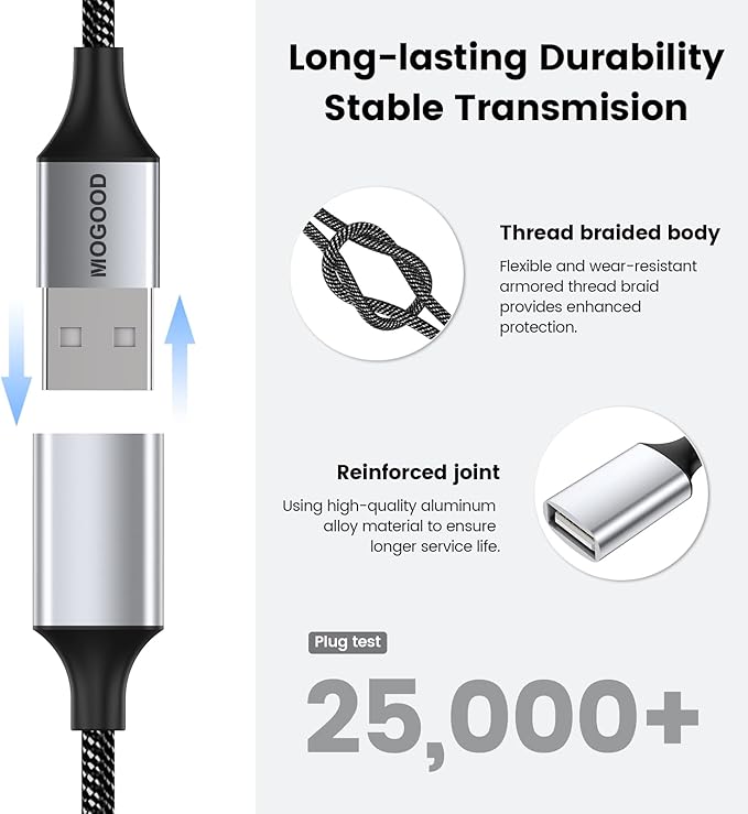 USB Extension Cable, USB A Male to 2 Female Extension Cord Durable USB Splitter - Image 5
