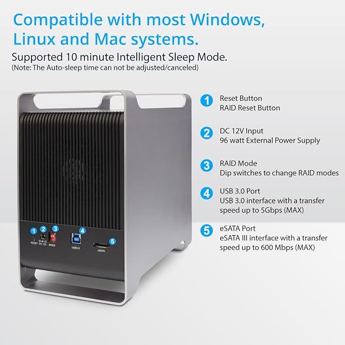 Syba 5 Bay 2.5" and 3.5" SATA HDD External USB 3.0 / eSATA RAID Hard Drive - Image 3