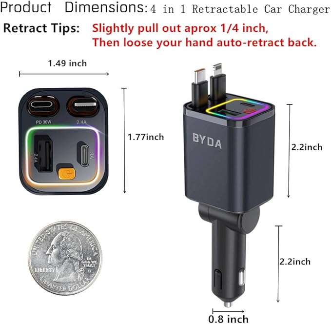 4 in 1 Retractable Car Charger, 69W Car Charger USB C, Cigarette Lighter Adapter - Image 3