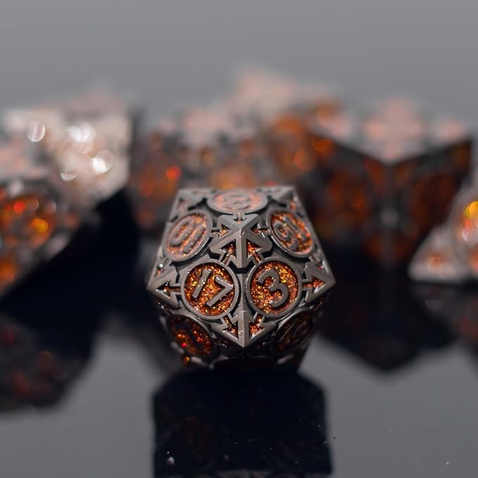 Orange Black Nickel Finish Heavy Metal DND Dice Set - Image 7