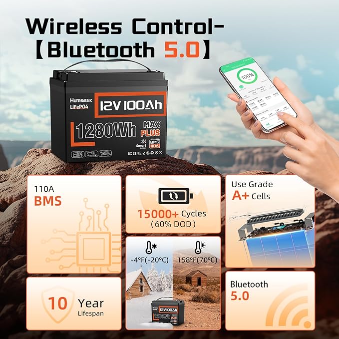 12V 100Ah LiFePO4 Lithium Battery MAX Bluetooth 5.0 IP67, Built-in 110A BMS - Image 2