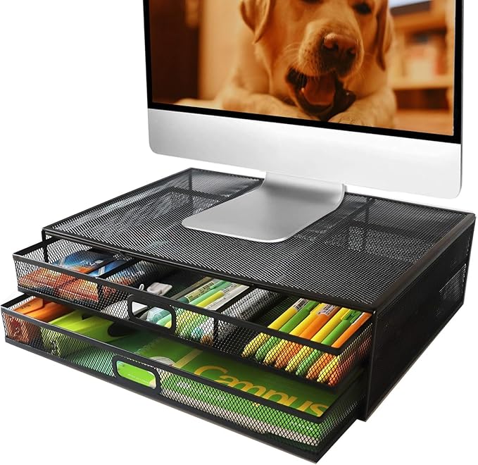 Computer Monitor Stands with Drawers, Metal Mesh Desktop Monitor Riser by MINDEPOT