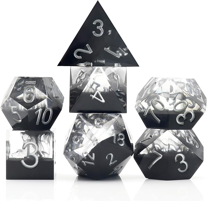 Haxtec Sharp Edge DND Dice Set Black Swirls Resin Dice - Image 2
