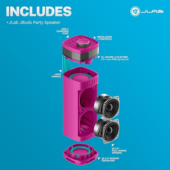 JLab JBuds Party Portable Bluetooth Speaker, 2 Full-Range Drivers + 2 Passive - Image 8