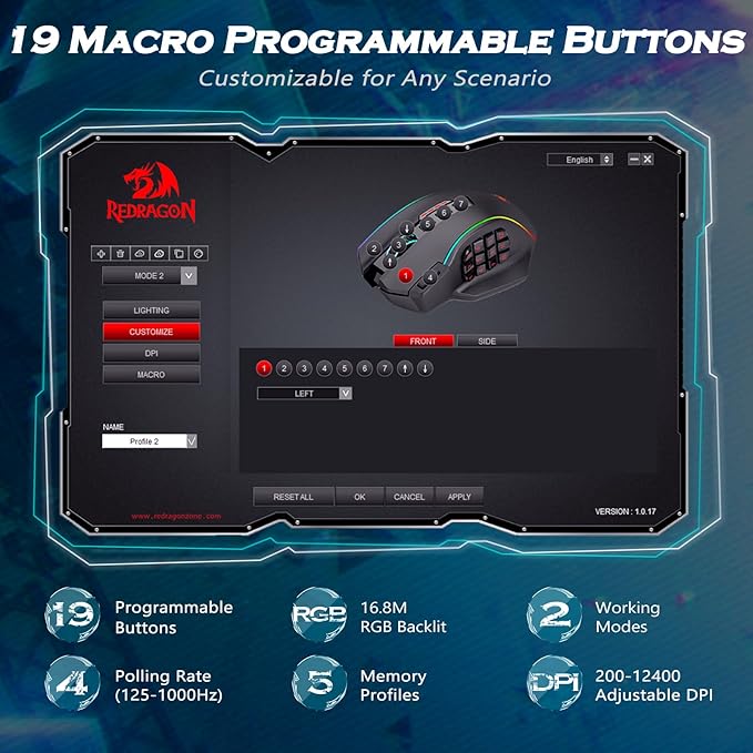 Redragon Gaming Mouse, MMO Gaming Mouse UP 12400 DPI, 19 Macro Programmable - Image 3