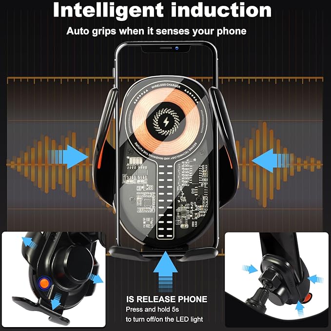 Wireless Car Charger, Cell Phone Car Mount 15W Fast Charging Auto Clamping - Image 2