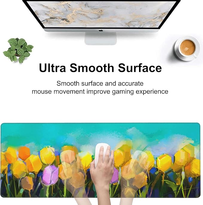 Tulips Flowers Desk Mat, Large Yellow and Violet Tulip Flowers Gaming Keyboard - Image 5