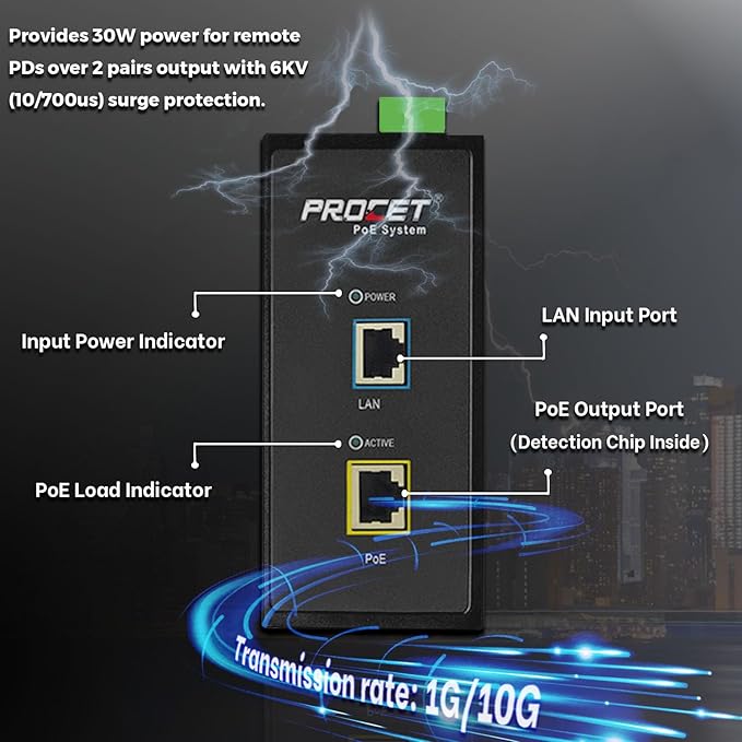PROCET 10 Gbps Gigabit PoE+ Injector Din Rail, 30W Industrial PoE Adapter - Image 3